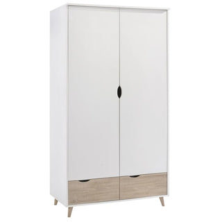 The CHOICEWARDROBE Selkirk Wooden Wardrobe features a modern Scandi design with 2 white doors, oak-effect drawers, cut-out handles, and a hanging rail. At 100cm wide, it's a stylish, compact storage solution for any contemporary bedroom.