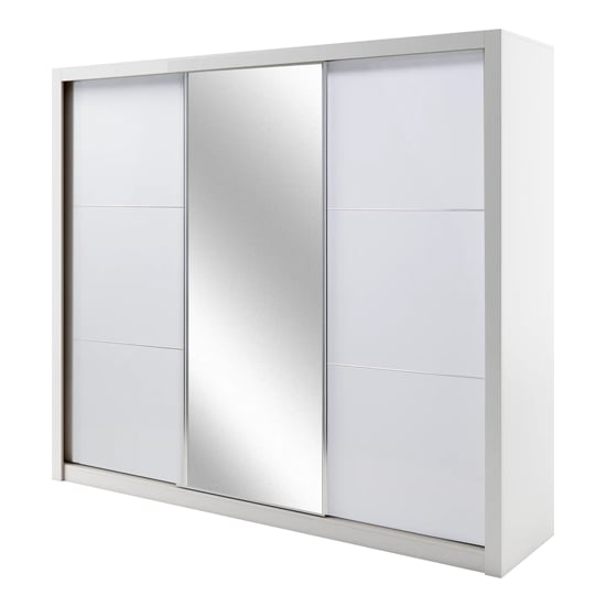 White 3-door sliding wardrobe with mirrored centre door and LED lighting