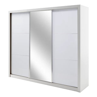 The CHOICEWARDROBE Senoia 258cm Mirrored High Gloss Sliding Door Wardrobe offers luxury bedroom storage with three white doors, central mirror, LED lighting, hanging rails, and shelves for a sleek look.