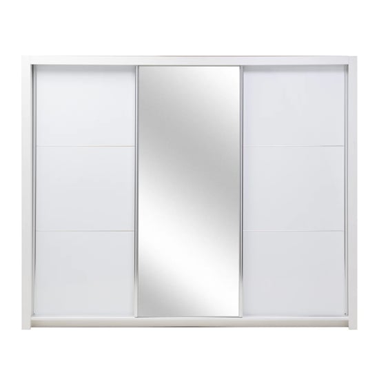 CHOICEWARDROBE white 3-door sliding wardrobe with mirrored middle door and LED lighting.