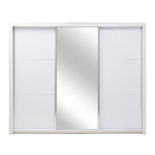 The CHOICEWARDROBE Senoia 258cm Mirrored High Gloss Sliding Door Wardrobe in white features three doors—a central mirrored panel and two sleek solid ones—with LED lighting, hanging rails, and shelves for luxurious bedroom storage.