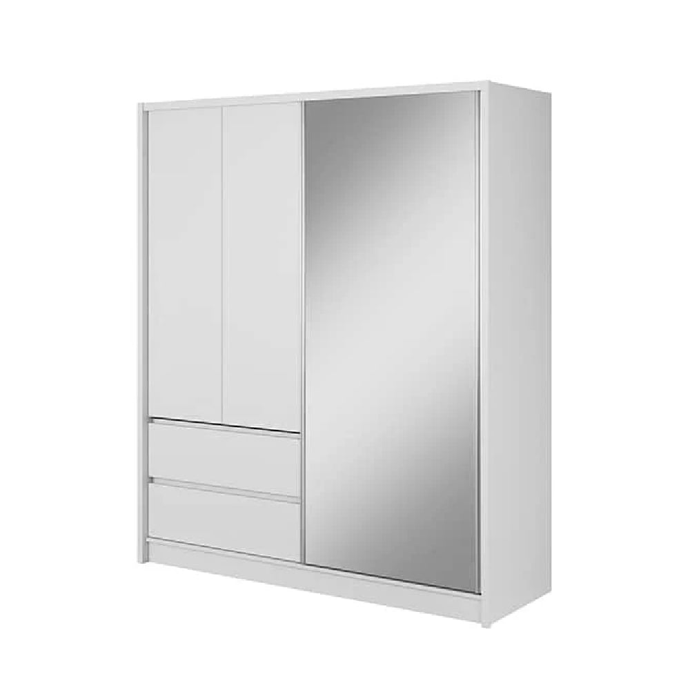 Matt white CHOICEWARDROBE Serano wardrobe with one mirrored sliding door and two hinged doors, plus three drawers.