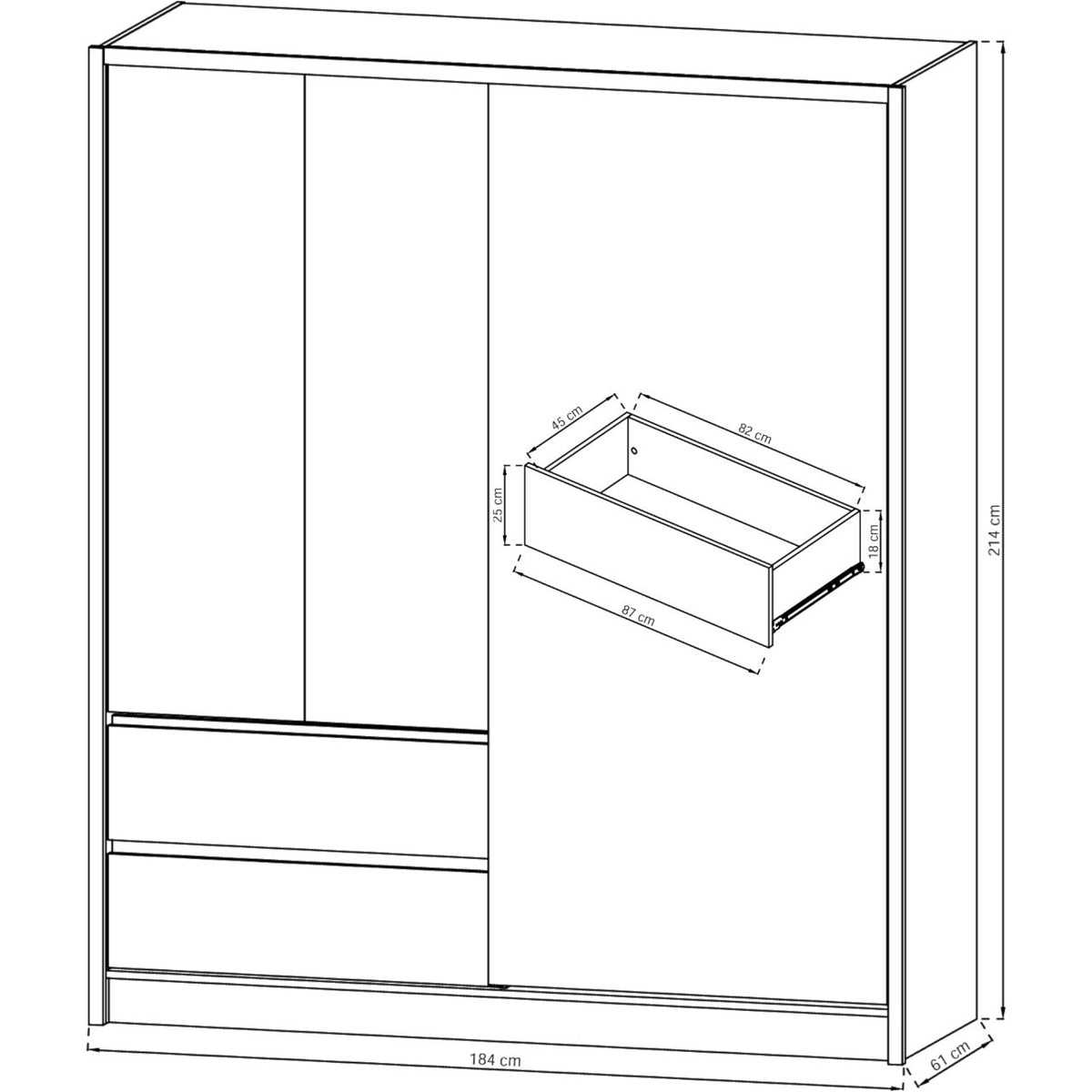 Technical line drawing of CHOICEWARDROBE Serano 2 door sliding wardrobe, 214cm H x 184cm W x 61cm D, with drawer detail 87cm W x 45cm D x 25cm H.