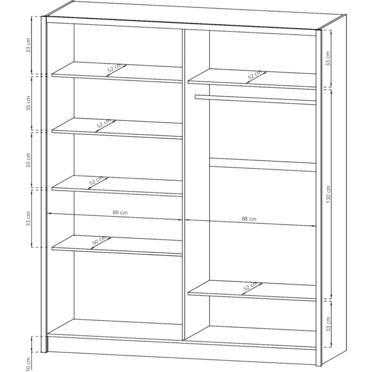 Line drawing of CHOICEWARDROBE Serano 2 Door Sliding Wardrobe in Matt White, showing two sections with shelves and dimensions.
