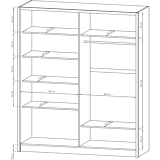 Black and white line drawing of the CHOICEWARDROBE Serano 2 Door Sliding Wardrobe in Sonoma Oak Finish (184 cm), showing two sections with shelves, hanging rod, and dimensions marked in centimeters for shelf heights, widths, and overall size.
