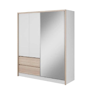 The CHOICEWARDROBE Serano 2 Door Sliding Wardrobe in Sonoma Oak finish (184 cm) features white and light wood panels, two lower drawers, a mirrored sliding door on the right, and a plain left door, perfect for modern bedroom storage.