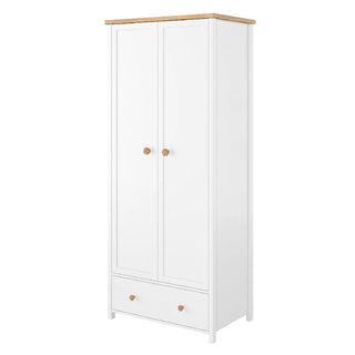 The CHOICEWARDROBE Sevilla I is a compact, modern 2-door wardrobe in matt white and oak with a light wood top, round wooden knobs, a hanging rail, and a bottom drawer—ideal for stylish bedroom storage (85cm wide).