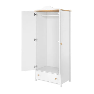 The CHOICEWARDROBE Sevilla I Matt White & Oak 2 Door Wardrobe (85cm wide) offers compact, modern bedroom storage with a wood-effect top, hanging rail, spacious interior, and a closed bottom drawer with round knob.