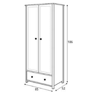 Line drawing of the CHOICEWARDROBE Sevilla I Wooden 2 Door Wardrobe in matt white & oak (H186xW85xD52cm) with round handles and lower drawer—compact modern storage with hanging rail, ideal for stylish bedroom organization.