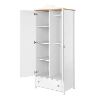The CHOICEWARDROBE Sevilla II Wooden 2 Door Wardrobe in white & oak features a compact 85cm design with storage shelves on the left, a hanging rail and open space on the right, plus a bottom drawer. One door and the drawer are partially open.