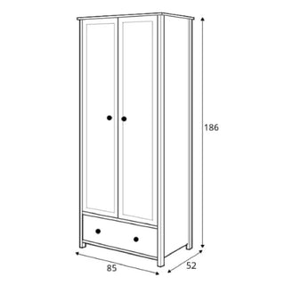 Line drawing of the CHOICEWARDROBE Sevilla II: a compact 2 door wardrobe in white & oak, 186cm tall, 85cm wide, 52cm deep. Features a bottom drawer, two knobs on doors and drawer, hanging rail, and storage shelves.