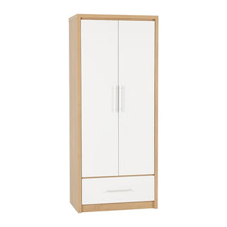 The CHOICEWARDROBE Seville 2 Door 1 Drawer Wardrobe features a modern white and oak finish, vertical handles, a bottom drawer, and a hanging rail—perfect for compact Scandinavian-style bedroom storage.