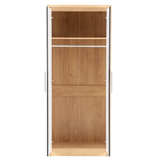 CHOICEWARDROBE Seville 2-door hinged wardrobe, oak effect interior with hanging rail shown open.