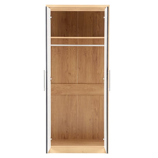 The CHOICEWARDROBE Seville 2 Door Wooden Wardrobe in Black Gloss & Oak Finish offers modern bedroom storage with a hanging rail and shelving space, showcasing a stylish oak effect interior.