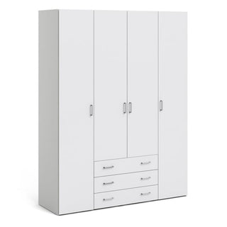 The CHOICEWARDROBE Siena 4 Door Wardrobe features a white finish, metal handles, three central drawers, and ample hanging storage for stylish, modern bedroom organization.