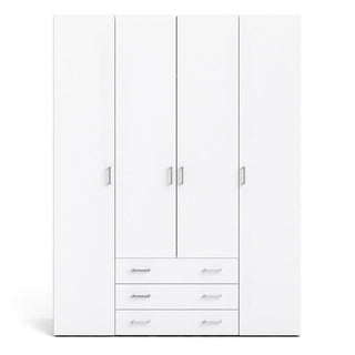 The CHOICEWARDROBE Siena 4 Door Wardrobe features a white finish, three drawers, metal handles, and hanging storage—ideal for keeping your bedroom stylish and organized.