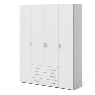 The CHOICEWARDROBE Siena 4 Door Wardrobe features a white finish, metal handles, three central drawers, and ample hanging storage—perfect for modern bedroom organization.