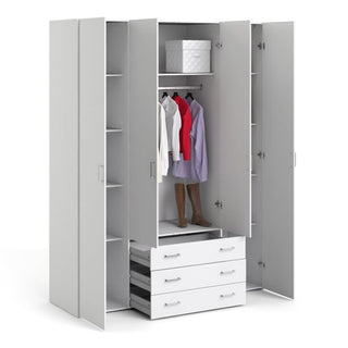 The CHOICEWARDROBE Siena 4 Door Wardrobe in white finish features open shelves, a top box, hanging storage with metal handles, folded clothes below, and three bottom drawers—one open—for practical bedroom organization.