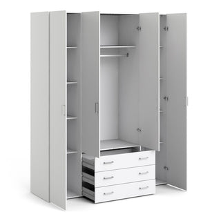 The CHOICEWARDROBE Siena 4 Door Wardrobe in white features metal handles, hanging storage, and three drawers—perfect for organizing your bedroom.