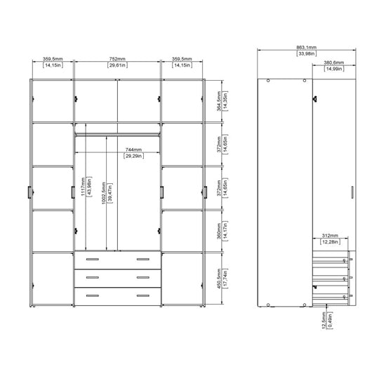 CHOICEWARDROBE Siena 4 Door White Wardrobe with 3 Drawers - Technical Drawing