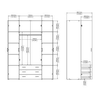 Technical drawing of the CHOICEWARDROBE Siena 4 Door Wardrobe with 3 Drawers—White Finish, metal handles, and hanging storage—shows labeled front and side views with shelf, drawer, and door dimensions in mm and inches.