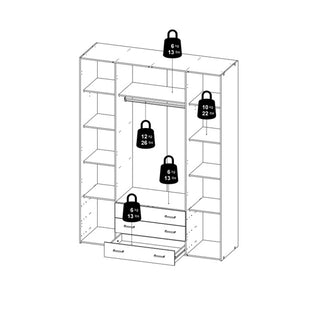 Black and white illustration of the CHOICEWARDROBE Siena 4 Door Wardrobe with 3 Drawers in white, metal handles, and hanging space. Open sections show weight limits: drawers 6 kg/13 lbs, shelves 12 kg/26 lbs, hanging area 10 kg/22 lbs.
