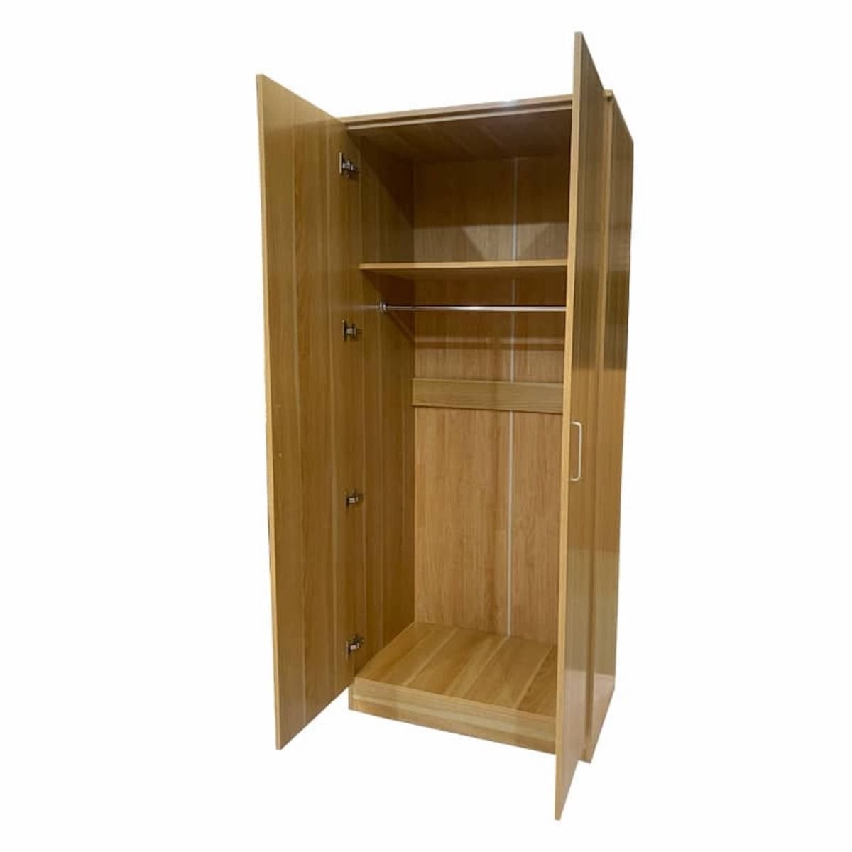 CHOICEWARDROBE 80cm Oak Finish 2-Door Wardrobe with open doors, hanging rail, and shelf