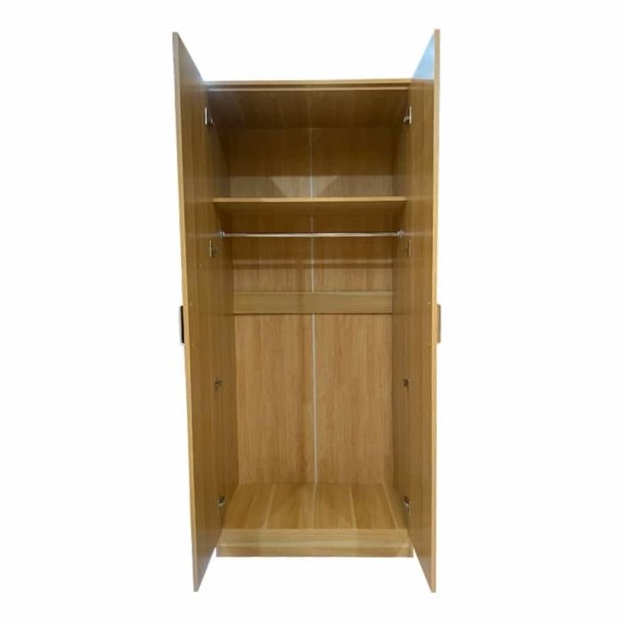 CHOICEWARDROBE Sleek 2 Door Wardrobe in oak finish, open to show top shelf and hanging rail.