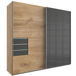 The CHOICEWARDROBE Sogo 2 Door Sliding Wardrobe (225 cm) features an oak & black two-tone finish, sleek modern design, drawers, shelves, hanging rails, and a large dark glass sliding door—ideal for stylish, minimalist interiors.