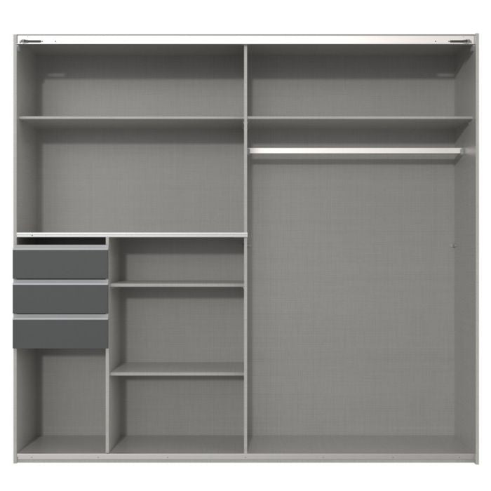 Sogo 225cm wardrobe with doors open, showing the internal storage layout