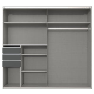 The CHOICEWARDROBE Sogo 2 Door Sliding Wardrobe (225 cm) in Oak & Black features a modern design with drawers, shelves, open central shelving, and tall hanging rail sections for organized storage.