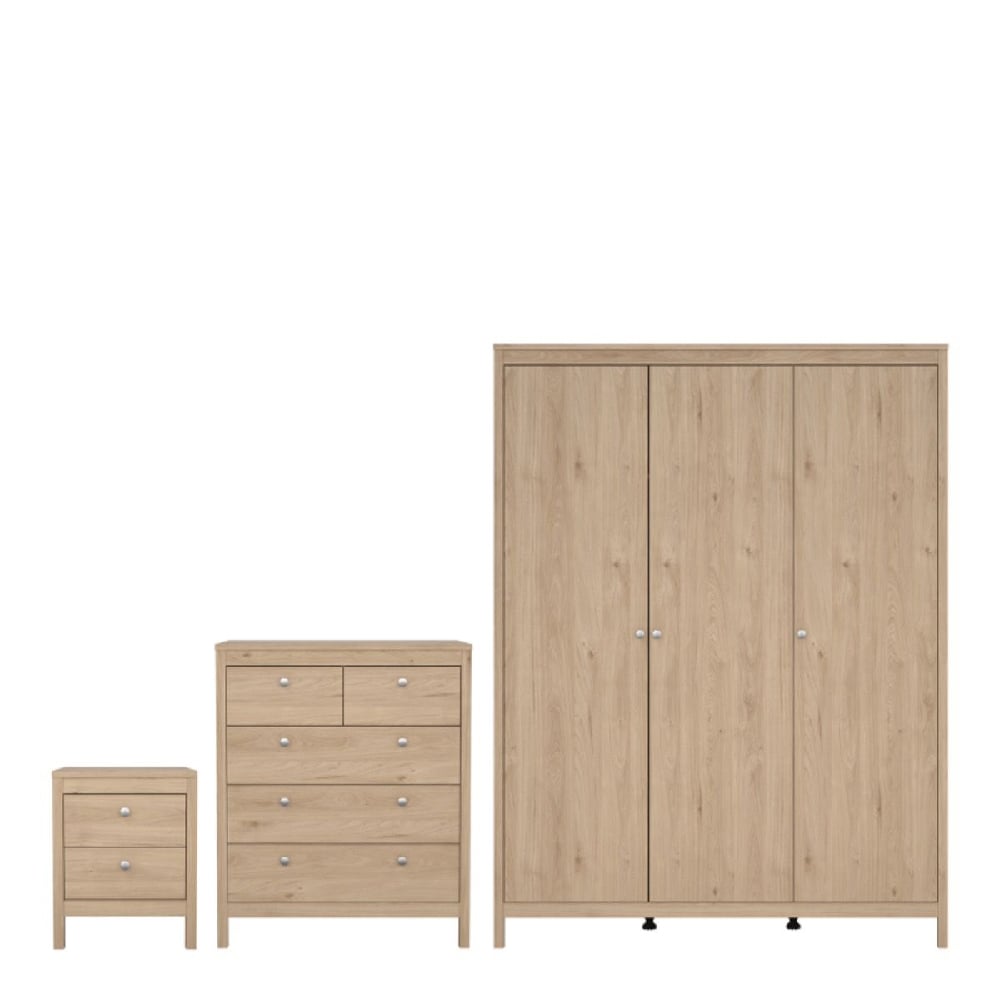 Oak effect 3-piece bedroom furniture set: wardrobe, chest of drawers, and bedside table with silver handles.