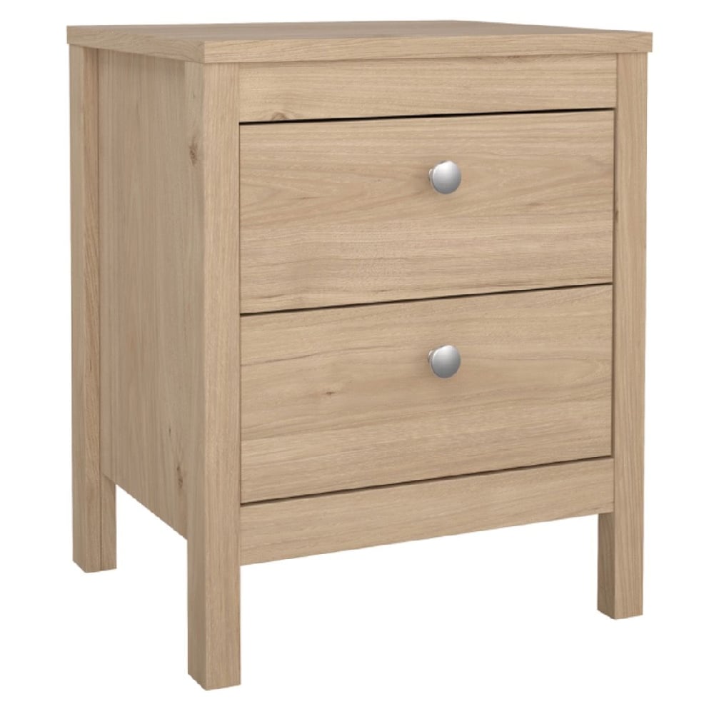 Oak effect bedside table with 2 drawers, modern silver knobs, and compact storage - part of the Solara bedroom furniture set.