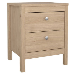 A light wood nightstand with two drawers and round metal knobs stands on four straight legs. Its modern design matches the CHOICEWARDROBE Solara 3-Piece Bedroom Furniture Set – Oak Effect Wardrobe, Chest & Bedside Table.