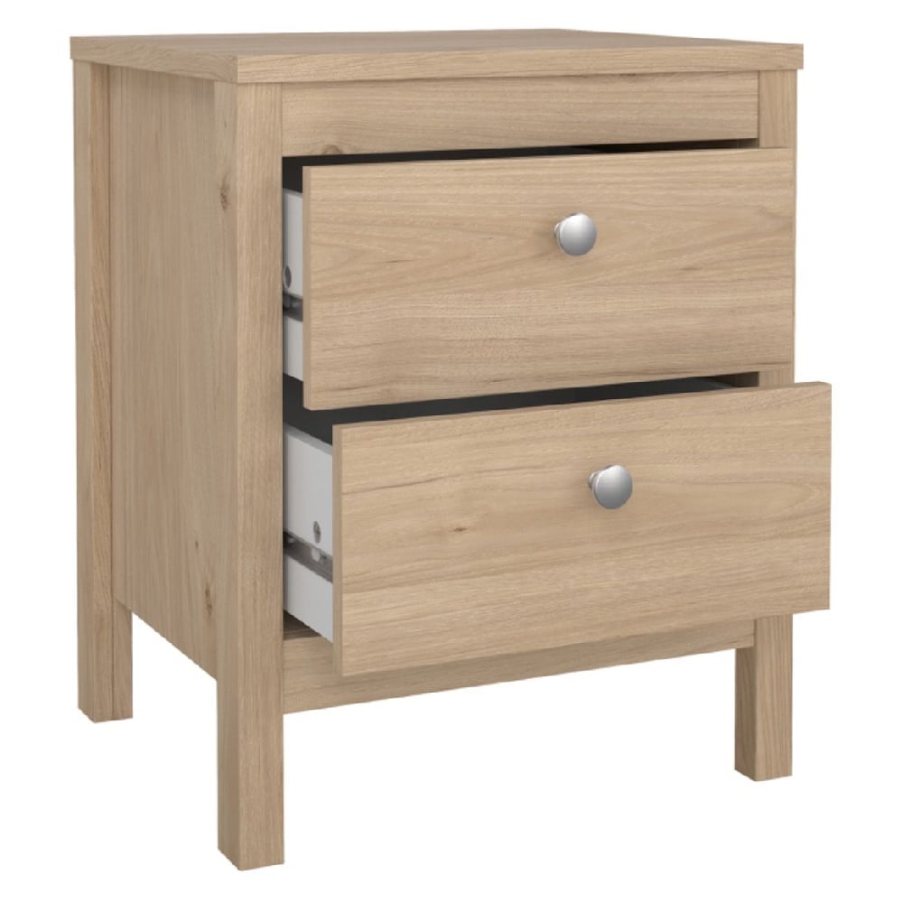 Oak effect 2-drawer bedside table with silver knobs - stylish & practical bedroom furniture