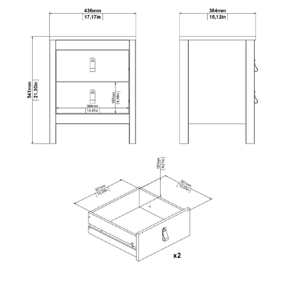 Oak effect bedside table nightstand technical drawing with dimensions - CHOICEWARDROBE Solara
