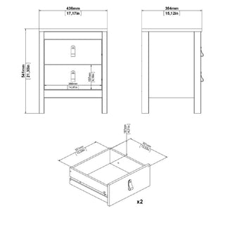 Technical drawing of a two-drawer bedside table from the CHOICEWARDROBE Solara 3-Piece Bedroom Furniture Set, Oak Effect—dimensions: 438mm W x 384mm D x 547mm H. Exploded drawer view shows measurements and assembly details.