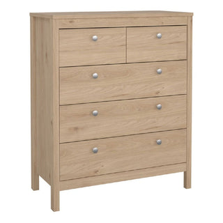 The CHOICEWARDROBE Solara 3-Piece Bedroom Set features an oak-effect chest with five drawers—two small, three large—all with round silver knobs. Its simple, modern design complements the wardrobe and bedside table included in the set.