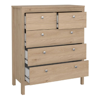The CHOICEWARDROBE Solara 3-Piece Bedroom Furniture Set features an oak-effect chest of drawers with metal knobs, partially and fully open drawers, and coordinates with the matching wardrobe and bedside table.