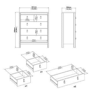 Technical drawing of the CHOICEWARDROBE Solara 3-piece Bedroom Set’s oak-effect chest, 3 drawers, size: W821 x D384 x H948mm. Includes front/side views with detailed measurements for both drawer types and quantities.