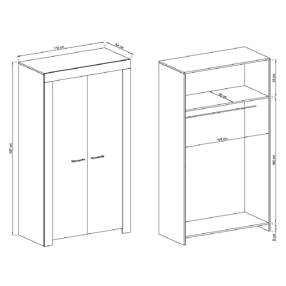 Line drawing of CHOICEWARDROBE Sonora 2 door wardrobe in Riviera Oak finish with dimensions shown.
