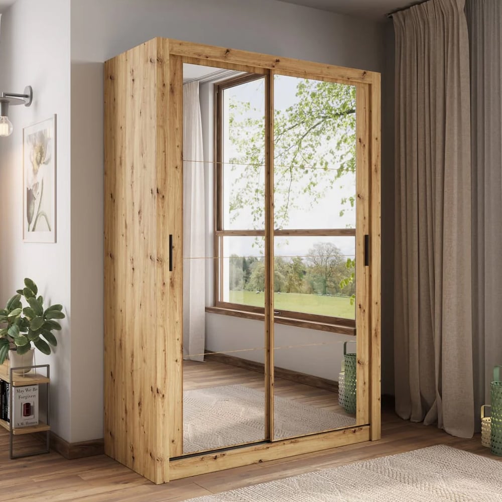 CHOICEWARDROBE Sorano 150cm 2-door sliding wardrobe with mirrored doors in Artisan Oak finish.