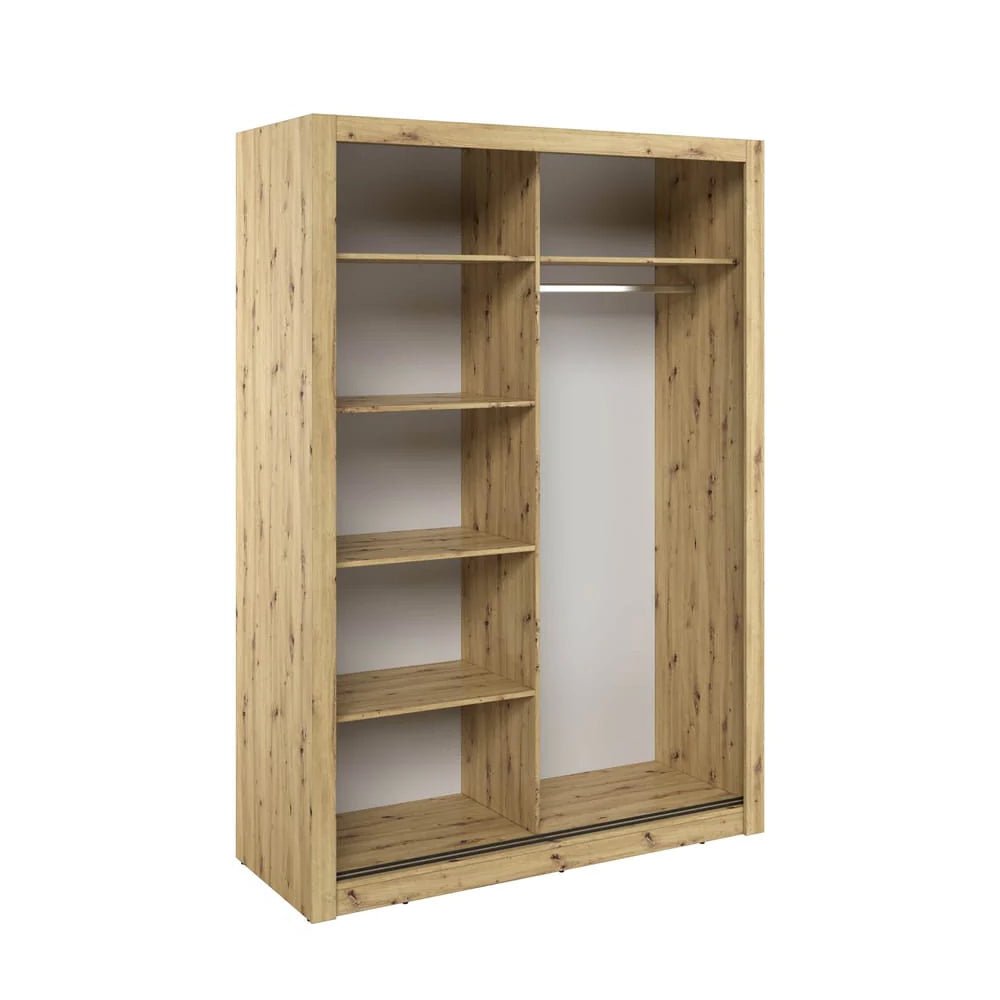 CHOICEWARDROBE Sorano 150cm sliding wardrobe in artisan oak with shelves and hanging rail visible.