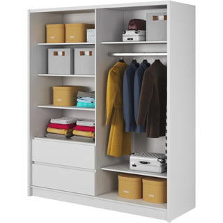 Internal view of ChoiceWardrobe Soren Sliding Wardrobe showing shelves, hanging rail and organised storage space – 204 cm modern design in white finish.