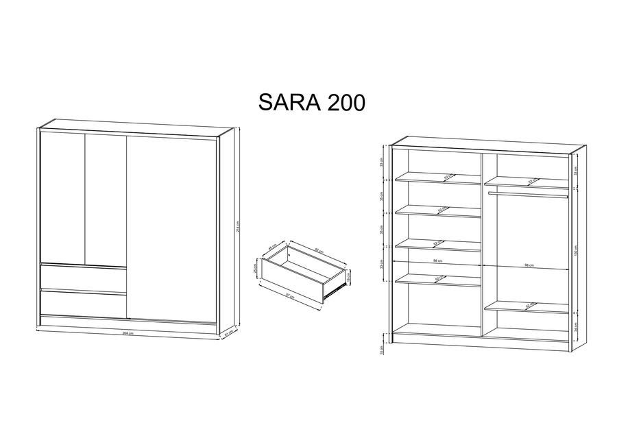 Technical drawing of 204cm white 2-door sliding wardrobe with mirror and drawers