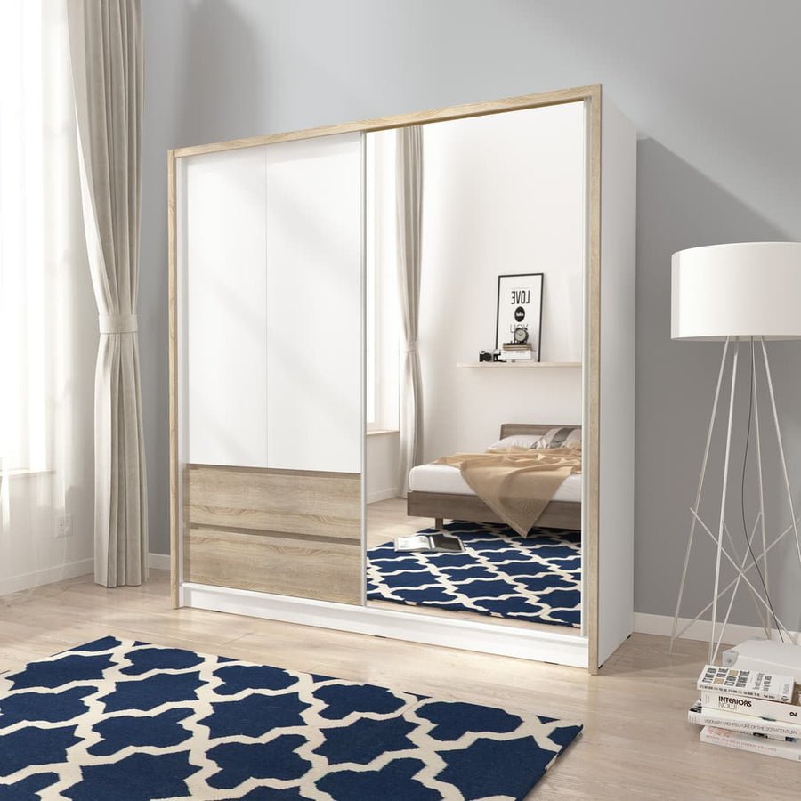 White and oak 2-door sliding wardrobe with mirror door and visible drawers, 204cm wide.