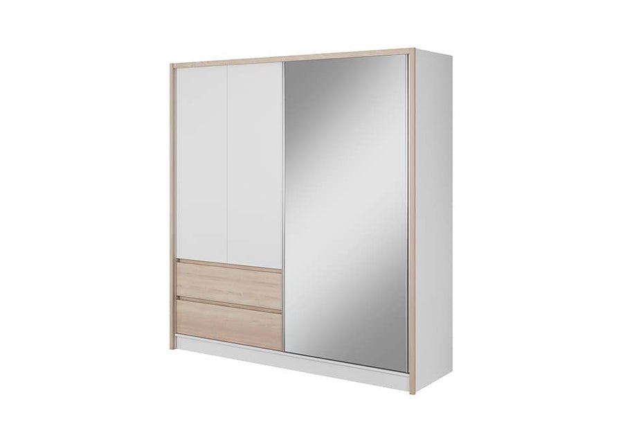 Soren 2 door sliding wardrobe white oak finish with mirror panel and two drawers.