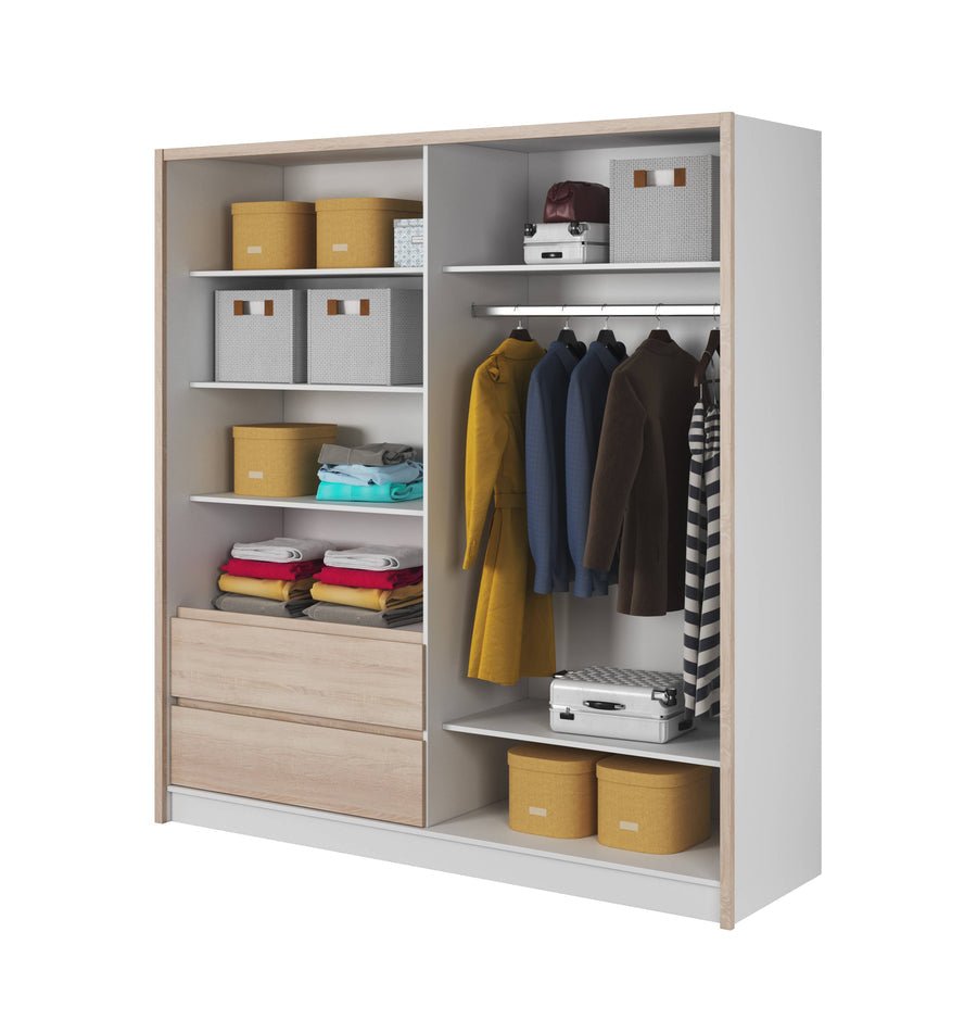 CHOICEWARDROBE Soren 204cm 2-door sliding wardrobe internal view: shelves, drawers, hanging rail, oak & white finish