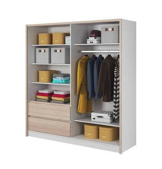 Internal layout of the ChoiceWardrobe Soren Wardrobe showing hanging rail, drawers and shelves – 204 cm white and oak finish modern storage solution.