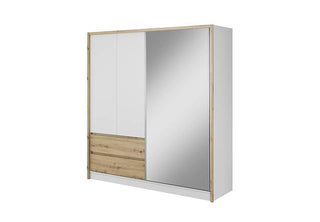 The CHOICEWARDROBE Soren 204cm features an oak artisan frame, white panels, two sliding doors (one mirrored), and spacious storage, blending style and functionality.